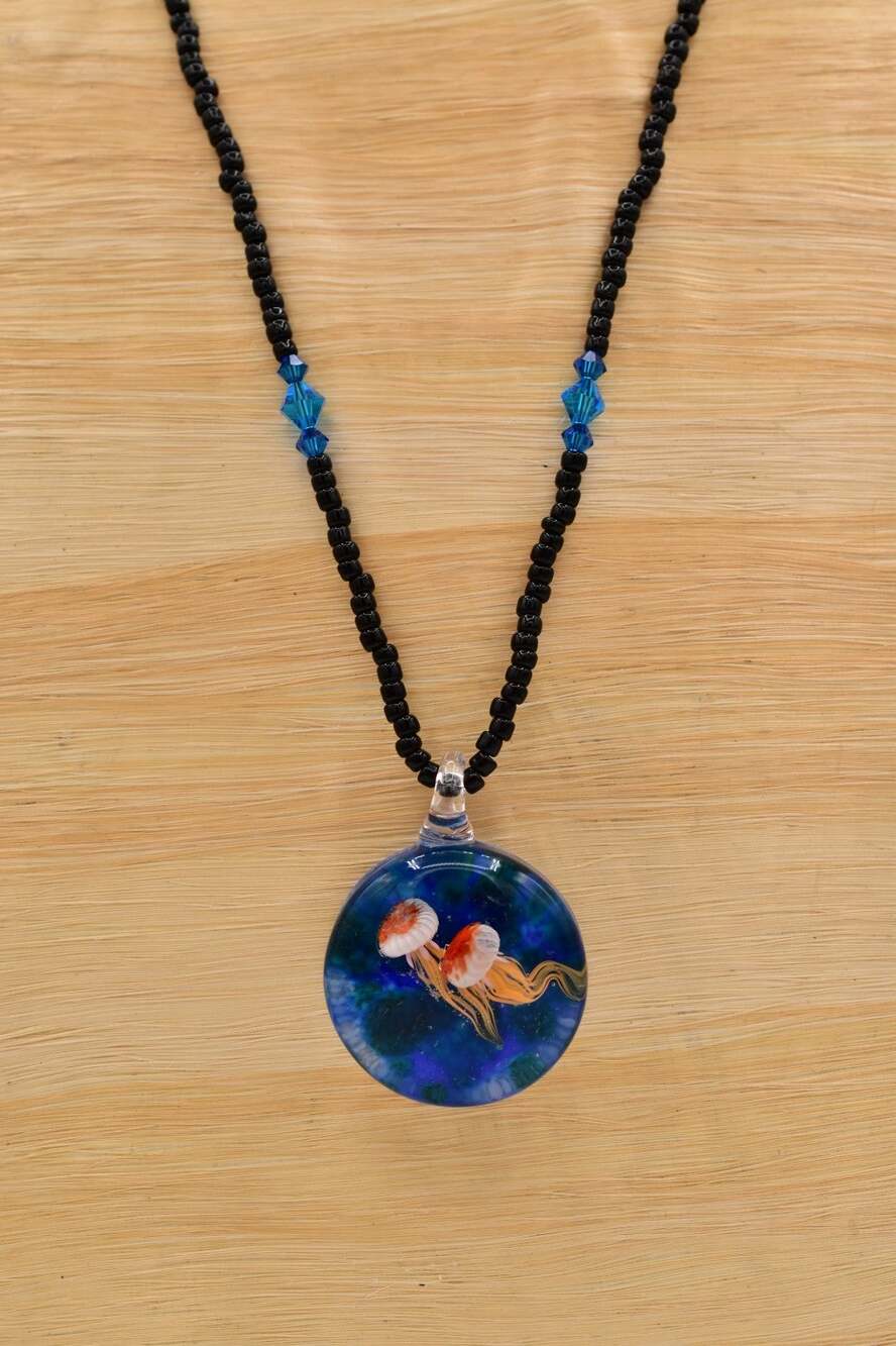 Vintage Art Glass Jellyfish Pendant Necklace Blue Ocean Glass Black Beaded BinG